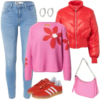 Outfit mit Rot/Dunkelrot/Braun/Orange Sneaker Low/Vintage Sneaker/Schmaler Sneaker Adidas Originals "Farbenfroher Freizeitlook"