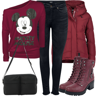 Freizeit Outfits Weihnachten mit Dunkelrot/Bordeaux/Silber Micky Maus "Freizeit Outfit"Look: Bar, Schule, Weihnachten, Silvester