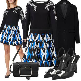 Outfit mit Weiß/Dunkelblau/Schwarz Carmenpullover/Wollpullover/Nicki Pullover/Norweger Pullover/Kaschmir Pullover/Cut Out Pullover/Feinstrickpullover/Winterpullover Karen Millen, Minirock Karen Millen "Mega schönes Abend Outfit"