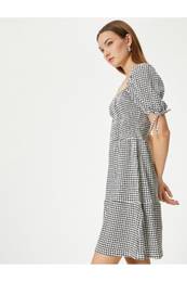 Balloon Sleeve Dress Mini Size Square Neck Short Sleeve Bow Detailed