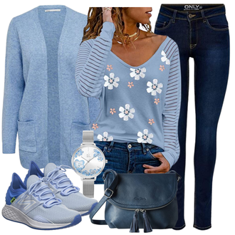 Outfit mit Blau/Hellblau/Silber Uhren Geschenkset/Kettenuhr Alienwork "Frühlings Outfit Für Damen"