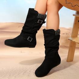 Elegant Black Mid-calf Boots For Women - Fabric Upper With Knit Trim, Slip-on Round Toe Design, Flat Rubber Sole, -, No-wash Maintenance