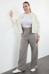 Curve Grey Melange Wide Cut Thin Knit Plus Size Sweatpants