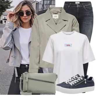 Herfst Outfits Chique met Khaki/beige/bruin/grijs Militaire Jas/Shirtjas/Tussenjas/Zomerjas/Slip Jas/Lente Jas/Uniforme Jas/Dubbele Jas/Duurzame Jas JdY "Lichtgewicht Outfit"Look: Chique, Werkkleding, Strijdkrachten, Universiteit, Kantoor