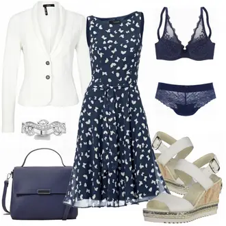 Outfit mit Dunkelblau/Blau Kleid Große Größe/Polka Dot-Kleid/Sommerkleid/50er Jahre Kleid/Ärmelloses Kleid/A-Linien Kleid/Bedrucktes Kleid/Fit & Flare Kleid Heine "Heine Kleid"