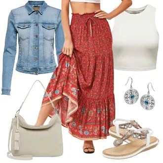 Rock Outfits Lang mit Rot Italienischer Rock/Langer Rock/Wickelrock/Maxirock/Rock Mit Blumenmuster/Vintage Maxirock/Festlicher Maxi Rock/Gypsy Rock/Bedruckter Rock Durio, Beige/Braun/Khaki Tragetasche/Umhängetasche/Schultertasche/Baguette-Tasche/Schulranzen/Schultertasche Tamaris "Schöner Sommer Look"