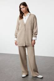 Mink Buttoned Cardigan-Pants Knitwear Top-Top Set
