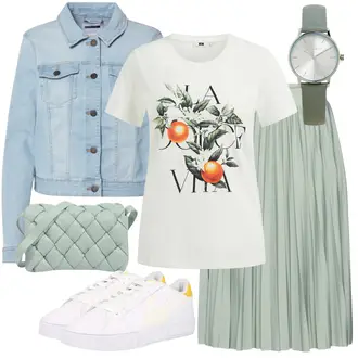 Edel Outfit mit Hellgrün/Grün Short Große Größe/Kleid Große Größe/Midirock/Cocktail Rock/Kurzer Faltenrock/Moderne Rock/90er Rock/Crinkle Rock/Ausgestellter Rock/Italienischer Rock/Hochzeitsgast Rock/Rock Zum Binden/Knielanger Rock About You "Sommerliches Freizeit Outfit"Look: Uni, 70er, Classic, 60er, Schön, Old Money, Elegant, Edel, Business, Schick, 20er Jahre