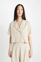 Crop Polo Neck Linen Blend Short Sleeve Shirt