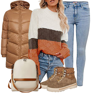 Lang Outfit mit Braun/Beige Wintermantel/Leichter Mantel/Langer Daunenmantel/Steppmantel/Daunenmantel Oxmo "Perfekt für den Herbst"
