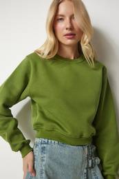 Happiness stanbul Women's Peanut Green Raised Crop Sweatshirt