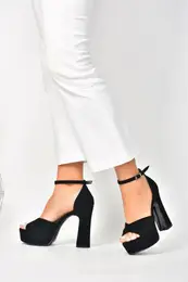 Black Nubuck Platform Thick Heeled Evening Dress Shoes