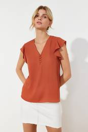 Brown Button Detailed Flowy Semi-Sheer Woven Blouse