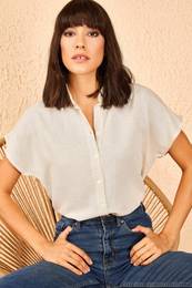 Women's Beige Patterned Bat Sleeve Linen Shirt