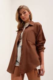 20153 Single Pocket Oversize Linen Shirt - Brown