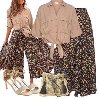 3/4-lang Outfit mit Khaki/Beige/Braun Oversize Bluse/Lederjacke/Blusenbody/Bluse Oberteil/Einfarbige Bluse/Bluse Mit Schleife/Kurzarmbluse/Schluppenbluse Lascana "Modischer Sommer Look"