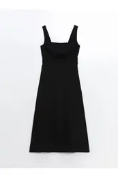 LCW Vision New Black Square Collar Plain Poplin Women's Dress