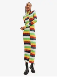 Yellow-Green Womens Sweater Striped Dress Sico - Women