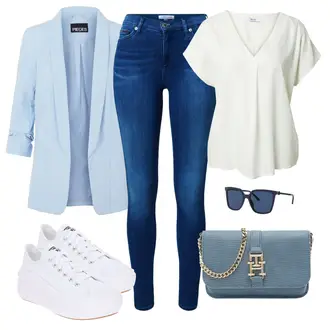 Outfit mit Grau/Weiß/Hellgrün/Creme/Gelb Tunika/Klassische Tunika/Elegante Tunika/Lederjacke/Musseline Bluse/Kurzarmbluse/Kurzarm-Tunika/Schlupfbluse/Tuniken-Shirt About You "Casual Business Outfit"