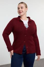 Curve Claret Red Soft Textured Stand Collar Knitwear Cardigan