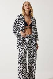 Happiness stanbul Women's Black and White Patterned Kimono Palazzo Trousers Set