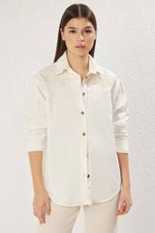 Ecru Embroidered Oversize Denim Shirt