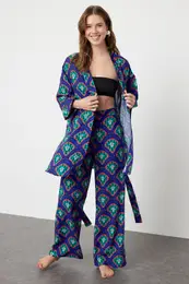 Geometric Patterned Belted Woven Kimono Trouser Beach Set