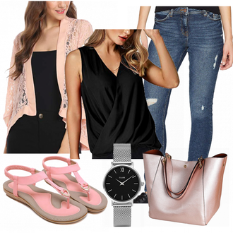 Wetlook Outfit mit Schwarz Crash­Bluse/SeidenBluse/Einfarbige Bluse/SatinBluse/Bluse Oberteil/WickelBluse/Ärmellose Bluse YOINS "Cluse"Look: Elegant, Edel, Wetlook, Coole, Old Money, Büro, Mom, 20er Jahre