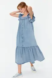 Light Blue Ruffle Oversize Maxi Denim Dress