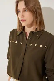 Happiness stanbul Women's Dark Khaki Bird Eye Detailed Woven Shirt