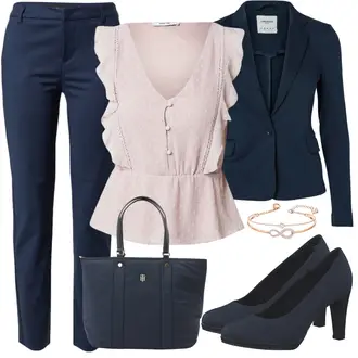 Elegante Outfits Große Größen mit Dunkelblau/Blau Hose Große Größe/Business Hose/Chino Hose/Anzughose/Musselin Hose/Hose mit Schlitz/Skinny Hose/Slim Hose/Stretchhose/Treggings VERO MODA, Rosa/Lila Hemdbluse/Blusenbody/Bluse Oberteil/Kinderspielzeug/Crash­bluse/Schößchen­bluse/Verspielte Bluse/Volantbluse/Ärmellose Bluse/Musselin Hemd/Casual Hemd About You "Eleganter Look"