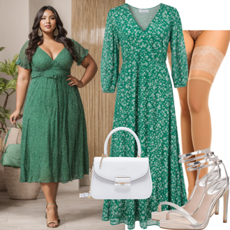 Coachella tenues avec Vert/Kaki/Turquoise Robe Grande Taille/Robe d'Été Longue/Robe Portefeuille/Robe Longue/Robe de Plage/Robe Imprimée/Robe Saharienne VIVANCE "Mode italienne pour les rondes"Look: Coachella, Bal, Mallé, Fête dans le jardin, Gala, Festival, Anniversaire, Concert, Jour de Plage, Occasions spéciales, Fête Des Mères