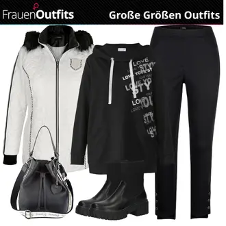 Mit Fransen Outfit mit Schwarz Plateau Stiefel/Lederjacke/Plateaustiefelette/Gefütterte Stiefelette/Gummistiefelette/Chelsea Boot/Chunky Sneaker About You "Winter Outfit in großen Größen"