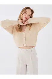 Women's V-Neck Straight Long Sleeve Crop Knitwear Cardigan