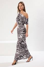 Multicolored Zebra Animal Printed Gathered/Draped Maxi Stretch Knit Dress