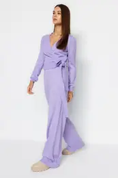 Lilac Crop Wide Pattern Double Breasted Tie Detailed Knitwear Top-Bottom Set
