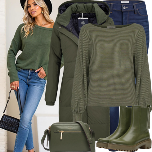 Dunkelgrün Stiefel Chelsea Boot/Lederjacke Tamaris kombinieren