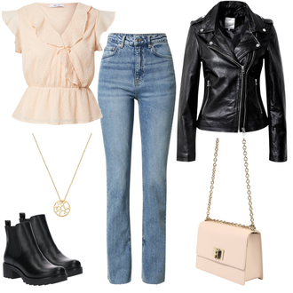 Oversize Kurz Outfit mit Schwarz Chelsea Boot/Lederjacke/Flache Stiefelette/Gummistiefelette About You "Stilvoller Freizeitlook"Look: Uni, Schick, Edel, Coole, Oversize, Techno, Unisex, Wetlook
