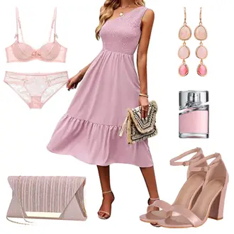 High Heels Outfit mit Rosa/Gold/Lila Sandalette/Sandalen Mit Absatz/Sandalen Mit Blockabsatz Elara "Modischer Sommer Look"