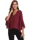 Hawiton Damen Chiffon Bluse 3/4 Arm Volantärmeln Tunika Elegante Chiffontunika Festliche Chiffon Bluse mit Trompetenärmeln und V Ausschnitt Blusenshirt Frauen Oberteil,Weinrot,M