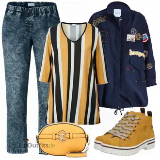 Outfit mit Gelb Stiefelette/Plateauschuh/SchnürStiefelette/Plateau Halbschuh Rieker "Praktische Große Größen Outfits"