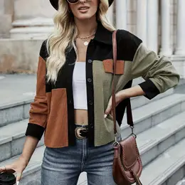 Color Shoulder Jacket, Stylish Long Sleeve Button Front Jacket For Spring & Fall, Women's Clothing
