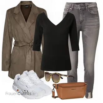 Elegant Outfit mit Schwarz Bluse Große Größe/Shirt & Top Große Größe/Tunika/3/4 Bluse/Blusenbody/Klassische Tunika/Elegante Tunika/Lederjacke/SchlupfBluse Only "Stylisches Outfit für den Frühling"Look: Boyfriend, Uni, Disco, Mom, Büro, Nahtlos, Edel, Elegant