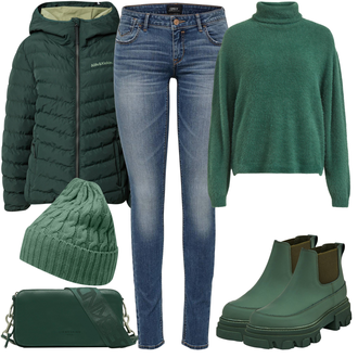 Maskáčový Outfit s Tmavě zelená/Zelená Chelsea Boty/Kožená bunda/Teniska na platformě/Veganská Bota/Gumová Kotníková Bota Edited "Trendy Zimní Vzhled"