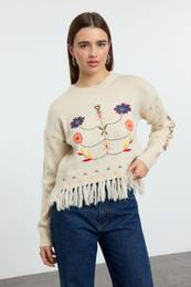 Ecru Soft Texture Tassel Embroidered Knitwear Sweater