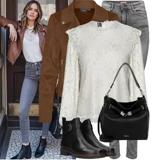 Elegant Outfit met Crème/wit Blouse Kinderspeelgoed/Kanten Blouse/Kanten Tuniek/Kanten shirt/Kanten top Pieces "Modieuze lente-outfit"Look: Met transparantie, Babydoll, Vintage, Jaren 20, Elegant, Lak, Klassiek, Romantisch, Prachtige