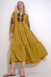 Trend Alaat Stili Women's Oil Green Large Collar Robe And Sleeves Embroidered Woven Dress