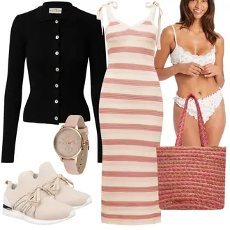 Stripes Outfit mit Rosa/Rot Trägerkleid/Langes Strickkleid/Midikleid/Nicki Kleid/Sommerkleid/Kleid Große Größe A Lot Less "Modisches A Lot Less Outfit"