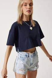 Happiness stanbul Women's Navy Blue 100% Cotton Oversize Crop Knitted T-Shirt