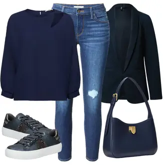 Outfit s Tmavě modrá Halenka s Mašlí/Halenka S 3/4 Rukávem/Rozverná blůza/Neobvyklá Halenka/Halenka se Stojatým Límcem/Halenkový Top/Crash blůza ESPRIT "Vzhledy pro volný čas"